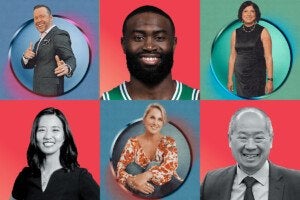 A collage of six portraits arranged in two rows and three columns. Top row: a man in a dark suit smiling and pointing forward against a blue background with a circular frame; a man with a full beard wearing a green basketball jersey against a red background; a woman in a black sleeveless dress standing against a teal background with a circular frame. Bottom row: a woman with shoulder-length dark hair smiling in a black top against a red background; a woman with blonde hair sitting cross-legged wearing a floral blouse against a blue background with a circular frame; a man in a suit and tie smiling against a red background.