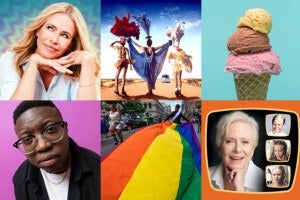 A collage of six images: a blonde woman resting her chin on her hands with a colorful background; three people dressed in vibrant carnival costumes with large feathered headpieces standing on a road; a triple scoop ice cream cone with yellow, chocolate, and strawberry flavors against a blue background; a person with glasses and a chain necklace against a purple background; a large rainbow pride flag being carried in a street parade; and an older woman smiling with three smaller inset photos of her at different ages on an orange background.