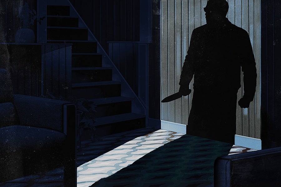 Silhouette of a person holding a large knife, standing in a dimly lit room with wooden panel walls, a staircase, and dark furniture. Light casts the shadow on the floor, creating a tense and ominous atmosphere.