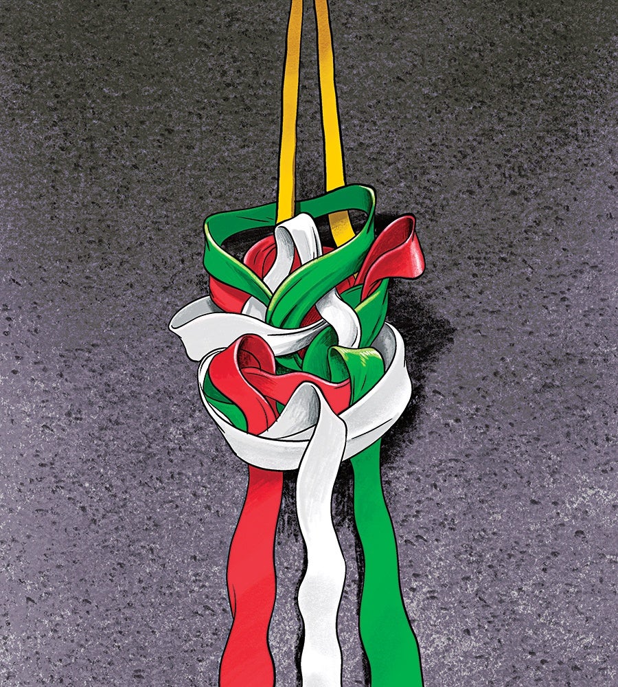 A colorful, abstract knot made of intertwined ribbons in red, white, and green, hanging from two yellow straps against a textured gray background. The ribbons twist and loop intricately, creating a complex, three-dimensional shape.