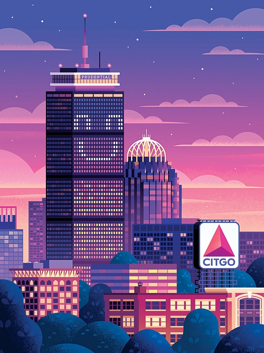 A colorful illustration of a city skyline at dusk with a purple and pink sky. The Prudential building is prominent, featuring a large smiling face made from lit windows. Next to it is a building with a distinctive dome-shaped top. In the foreground, there are various smaller buildings and trees. A large CITGO sign is visible on the right side. The scene has a whimsical and cheerful atmosphere.