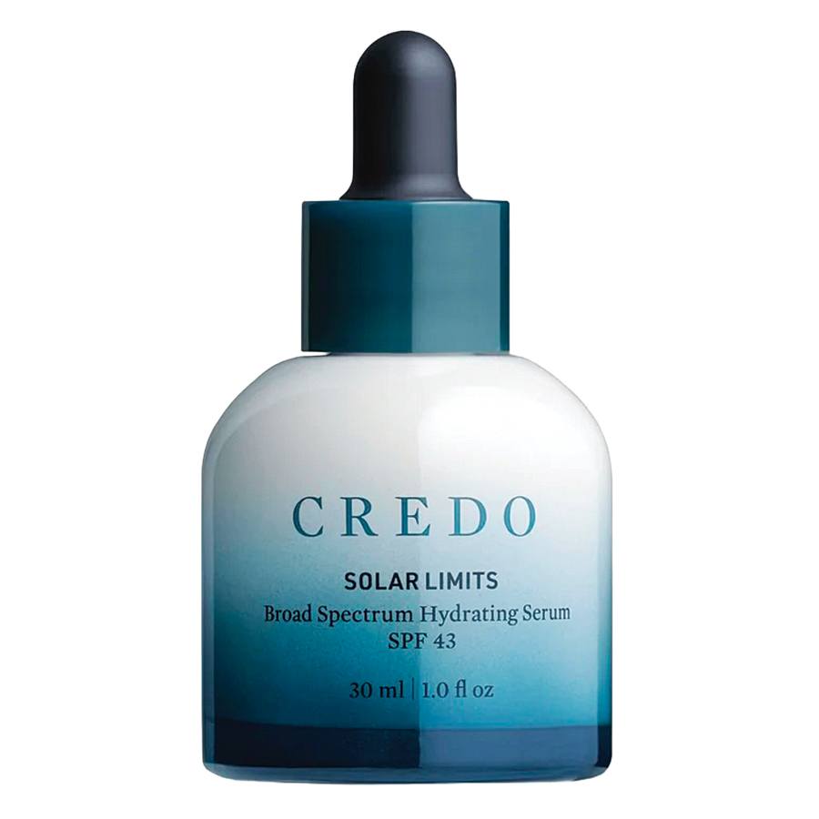 Credo Solar Limits Broad Spectrum Hydrating Serum with SPF 43 in a 30 ml (1.0 fl oz) bottle featuring a gradient blue and white design and a black dropper cap.