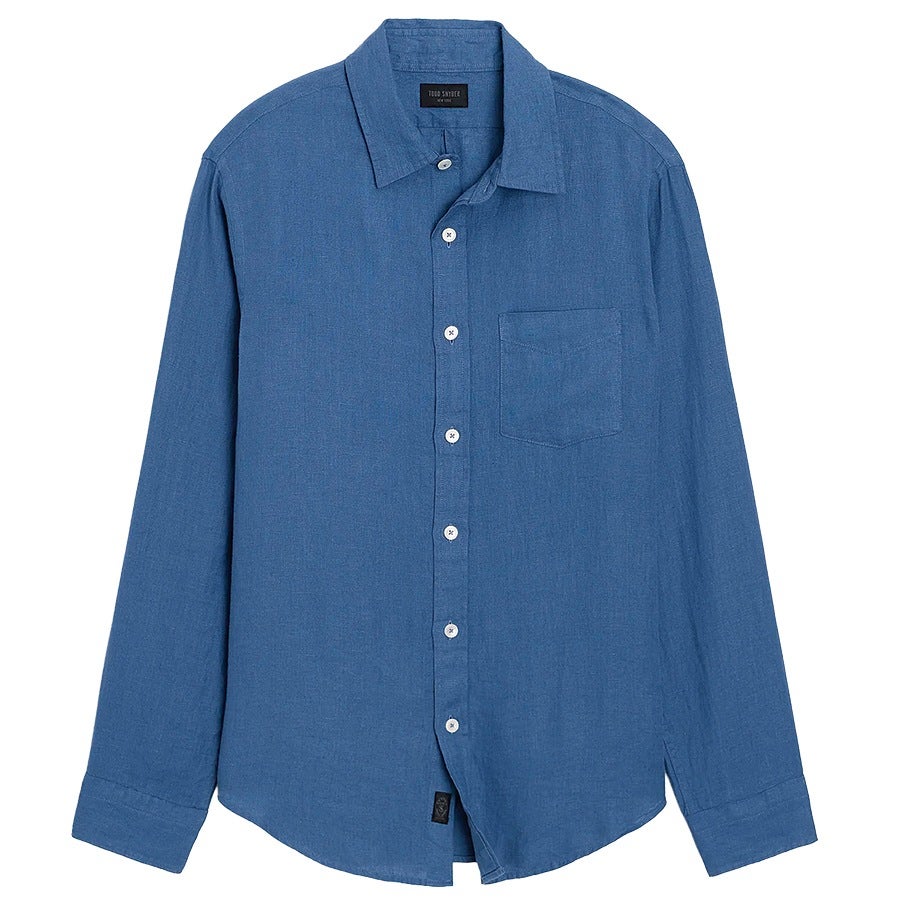 Blue long-sleeve button-up shirt with a single chest pocket and white buttons.
