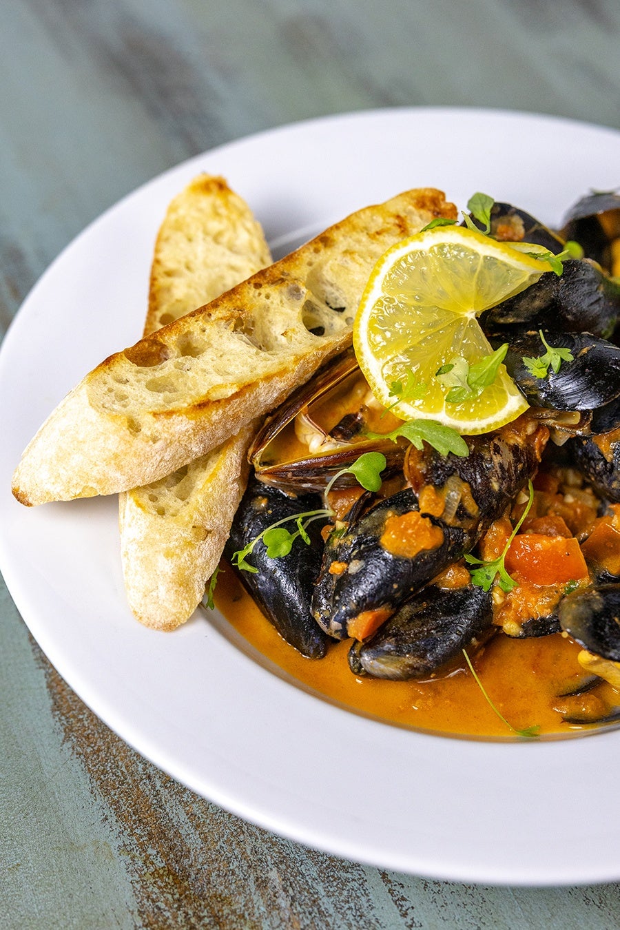 Mussels cooked in a rich tomato-based sauce, garnished with fresh herbs and a lemon slice, served with two slices of toasted bread on a white plate.