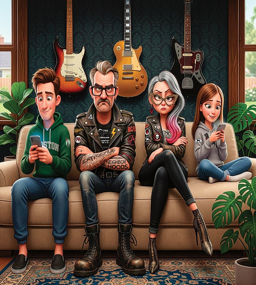 Four animated characters sit on a beige couch in a living room with dark patterned wallpaper and three electric guitars mounted on the wall behind them. From left to right: a young man in a green hoodie and blue jeans looking at his phone, a middle-aged man with gray hair and glasses wearing a black leather jacket with patches and tattoos on his arms, a woman with long gray and pink hair wearing leopard-print glasses, a black leather jacket with patches, black pants, and high-heeled boots with a serious expression, and a young woman in a gray hoodie and blue jeans sitting cross-legged, also looking at her phone. Two large green plants flank the couch, and a patterned rug covers the floor.