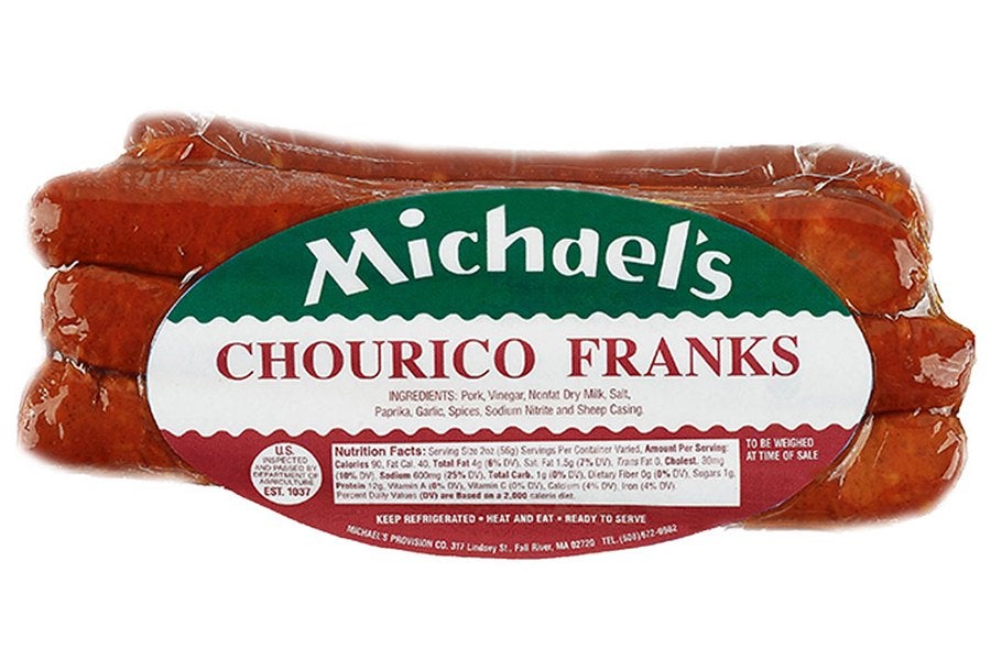 Pack of Michael's Chourico Franks, showing four reddish-brown sausages in clear plastic packaging with a green, white, and red label. The label includes ingredients, nutrition facts, and storage instructions.