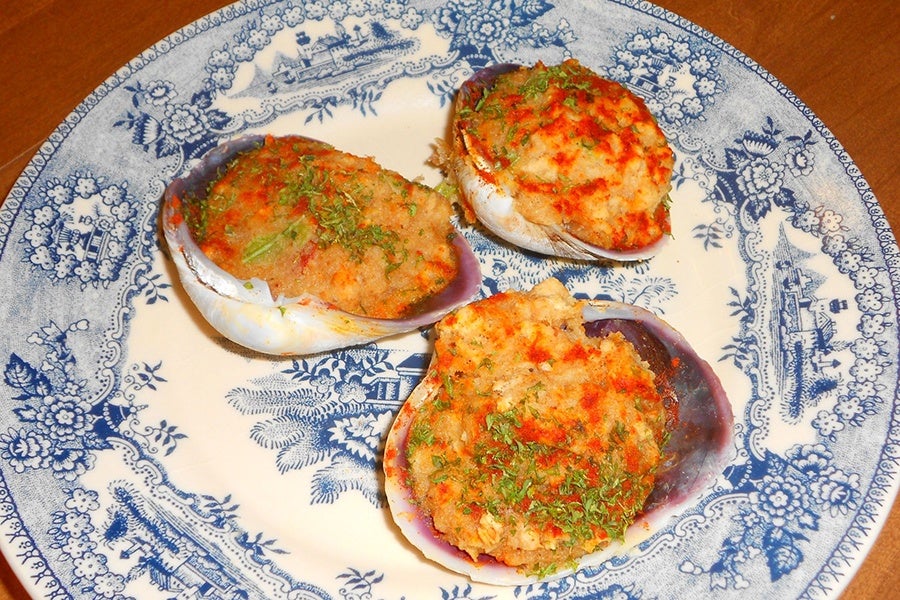 Three stuffed clams with a golden breadcrumb topping and sprinkled herbs are served on a white plate with a blue floral and scenic pattern. The plate rests on a wooden surface.
